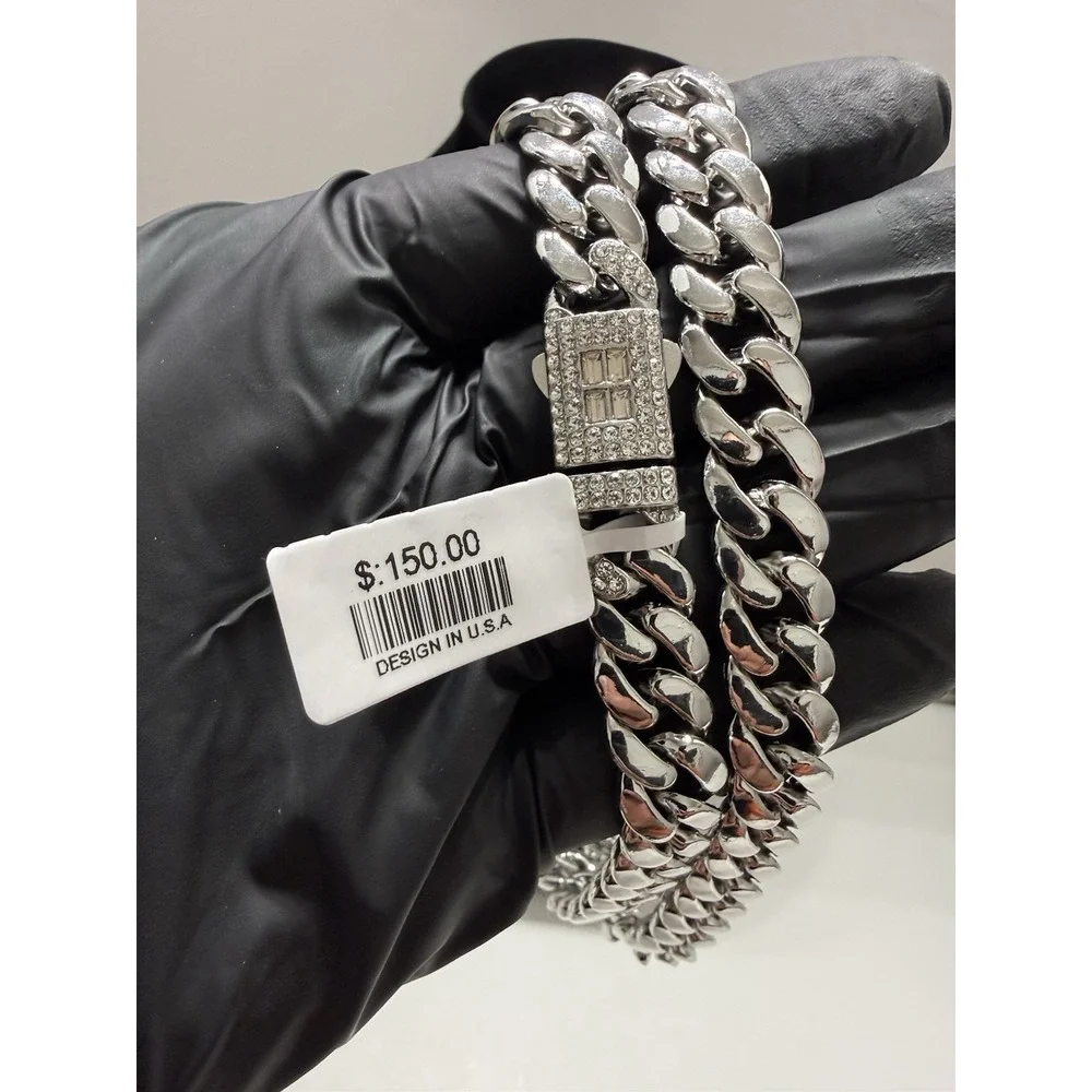 cuban chain iced out box lock 24 inch 12.5mm stainless steel water resistant